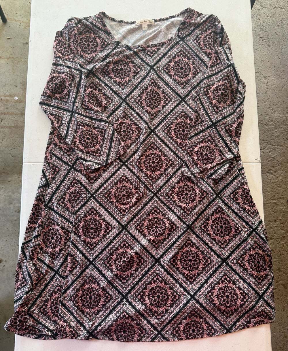 Nine Britton Women's Large Pink Black Geometric Damask 3/4 Sleeve Dress